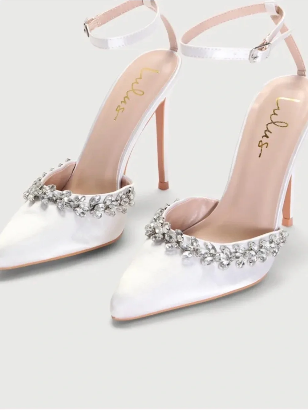Lulu's Satin White Pointed-Toe Jeweled Slingback Heels